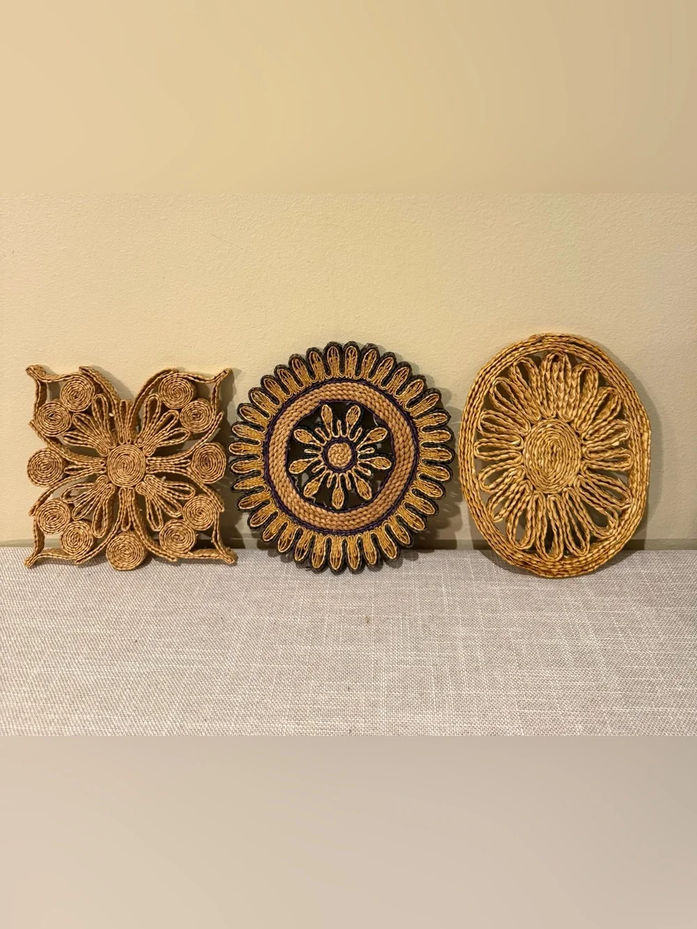Vintage Woven Straw Rattan Trivets Lot Wall Decor Set of 3 Floral Boho